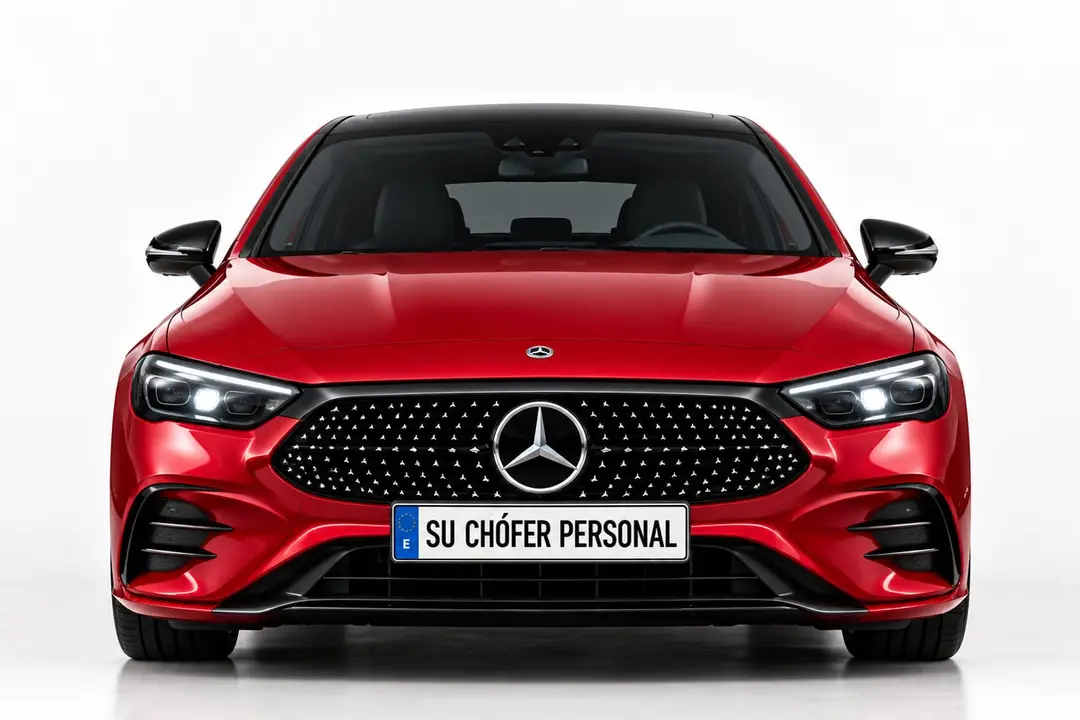 Mercedes CLA rojo de frente sobre fondo blanco