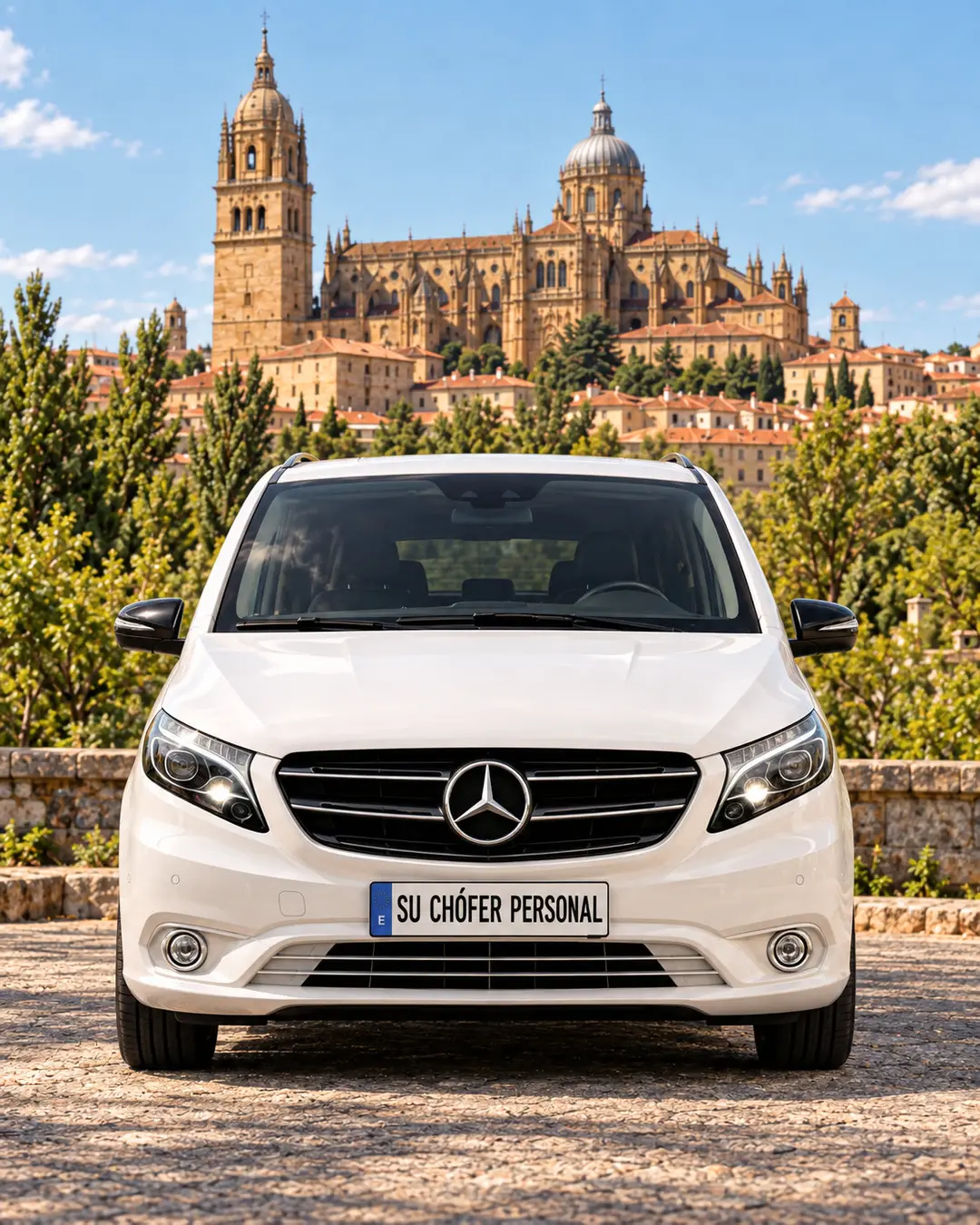 Mercedes Vito blanca frente a la Catedral de Salamanca al atardecer